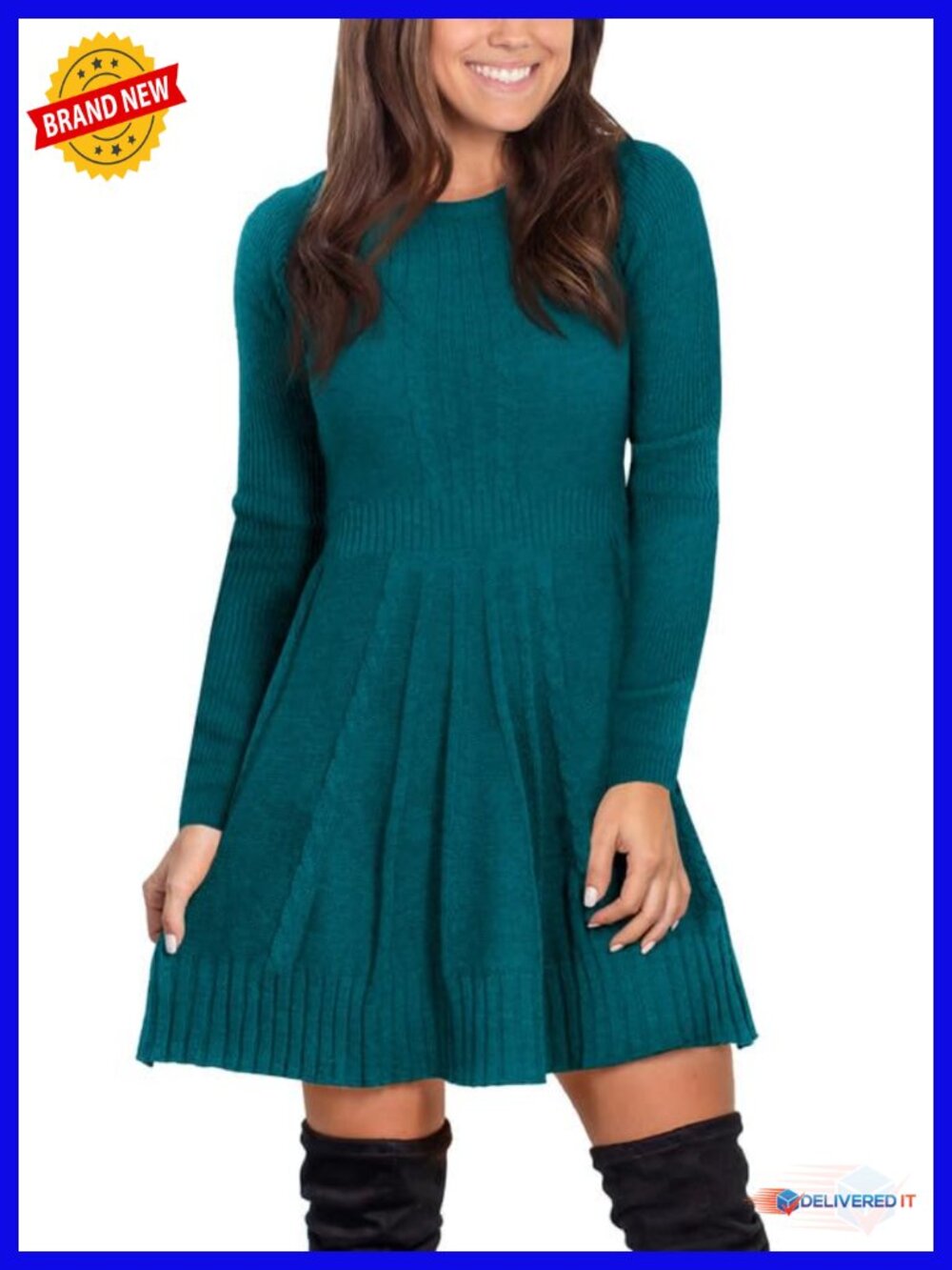 Women Cable Knit Sweater Dress Long Sleeve Flare Pullover Warm Winter Dress